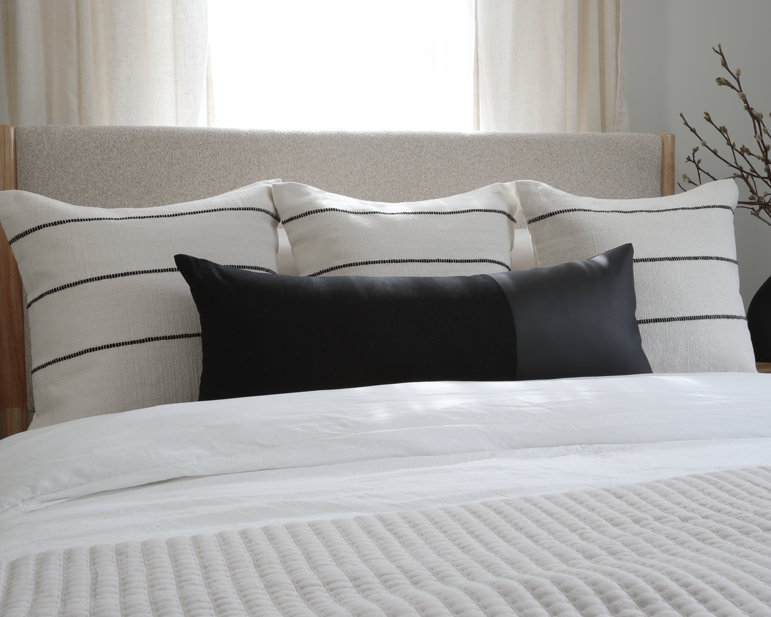 Indi, Linen + Faux Leather, Long Lumbar