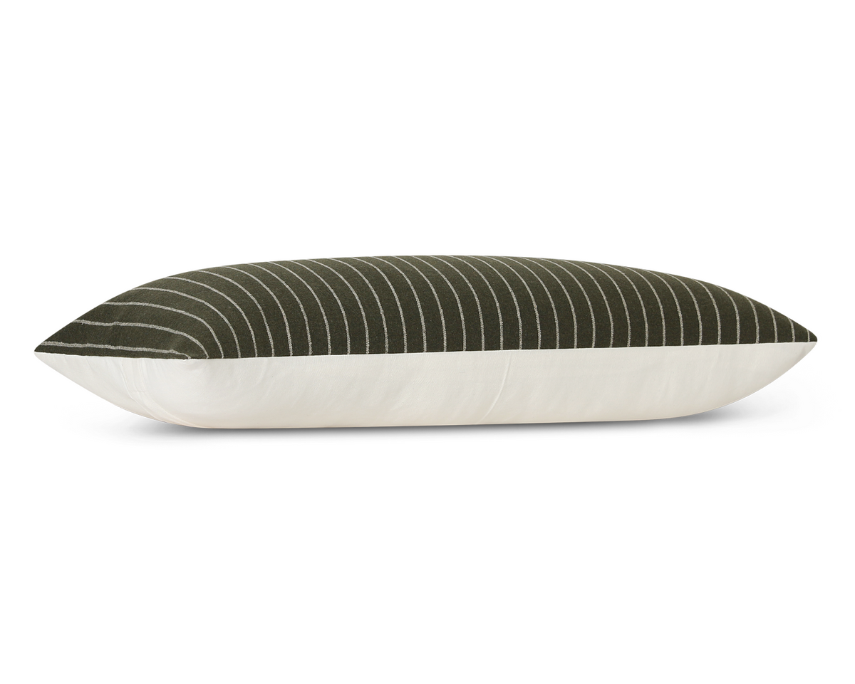 Olive green pinstripe long lumbar pillow cover, side view showing the cream cotton back