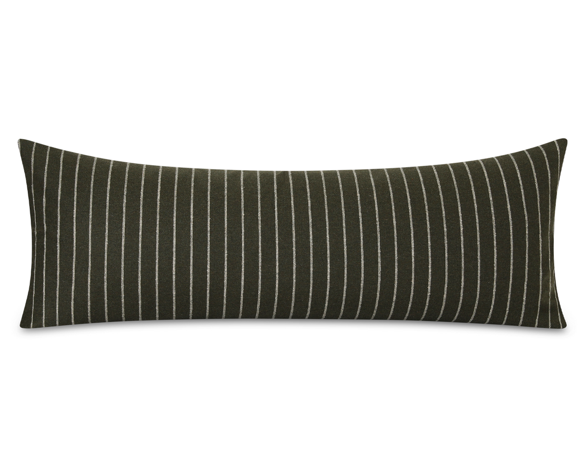Olive green pinstripe long lumbar pillow cover, shown on a white background