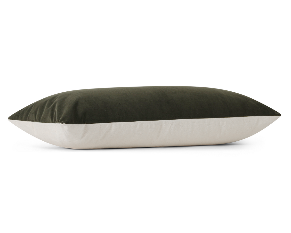 Olive velvet long lumbar pillow cover, flat side profile view, shown on a white background