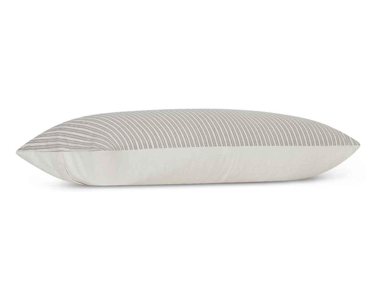 Flax and ivory ticking stripe cotton long lumbar pillow cover, side view showing the cream cotton back
