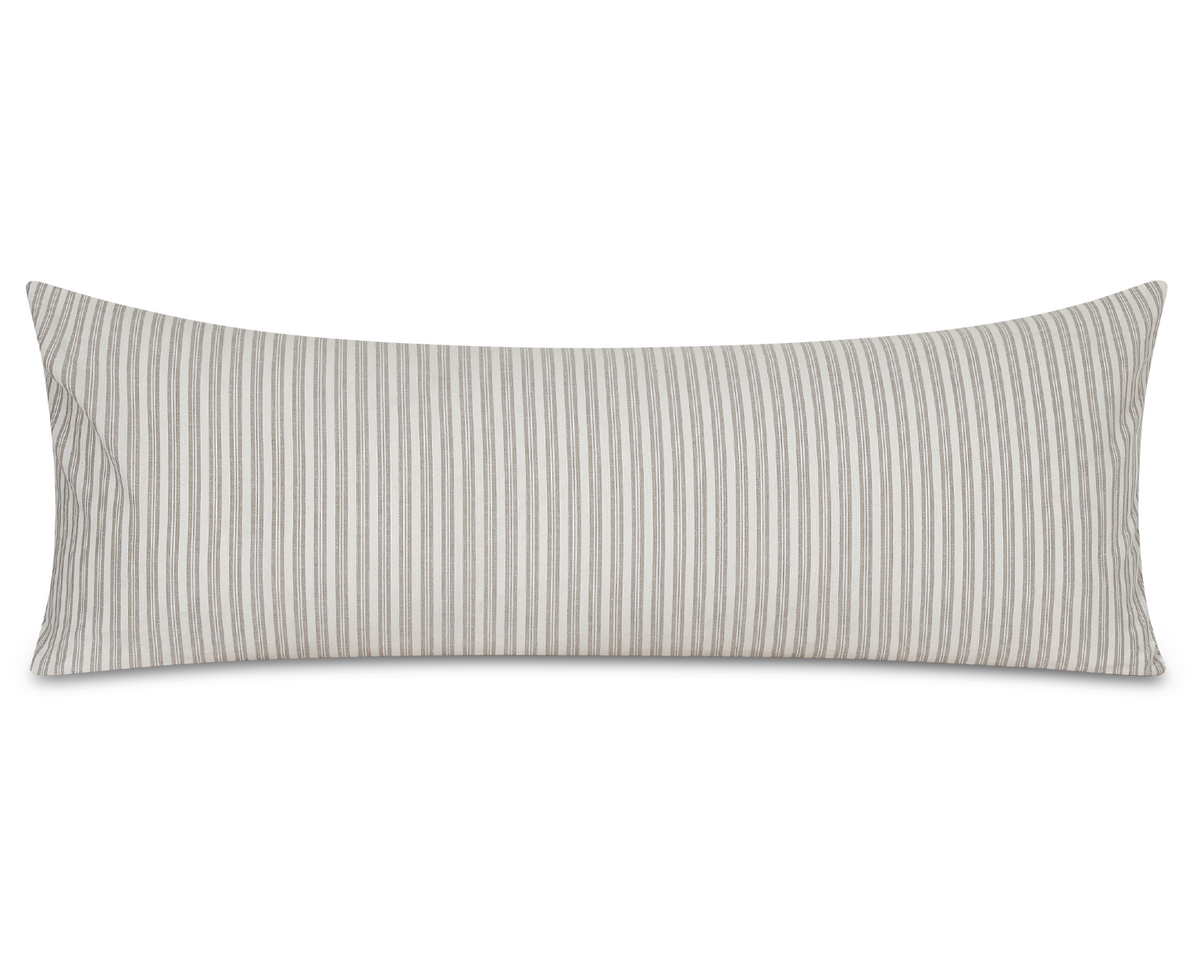 Flax and ivory ticking stripe cotton long lumbar pillow cover, shown on a white background