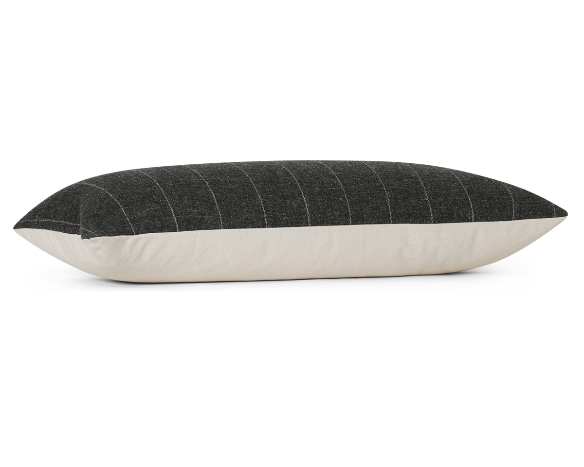 Charcoal long lumbar pillow cover, flat side profile view