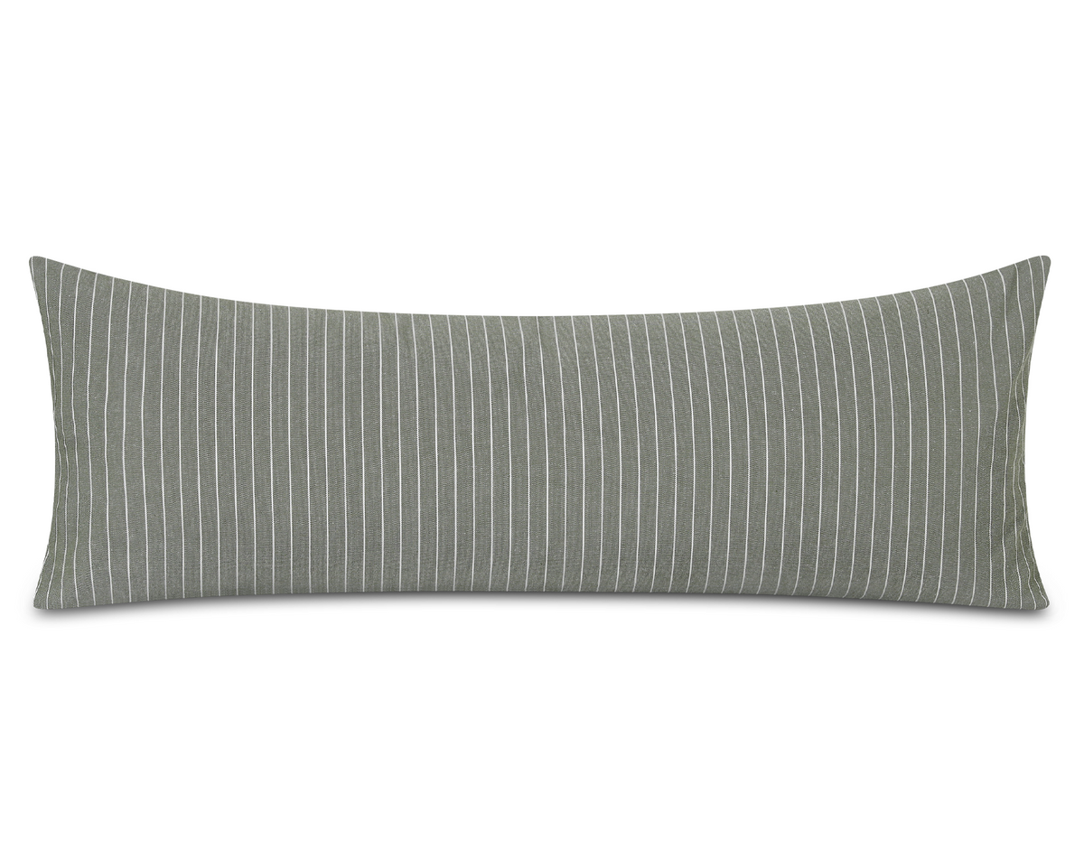 Thyme green pinstripe cotton long lumbar pillow cover, shown on a white background