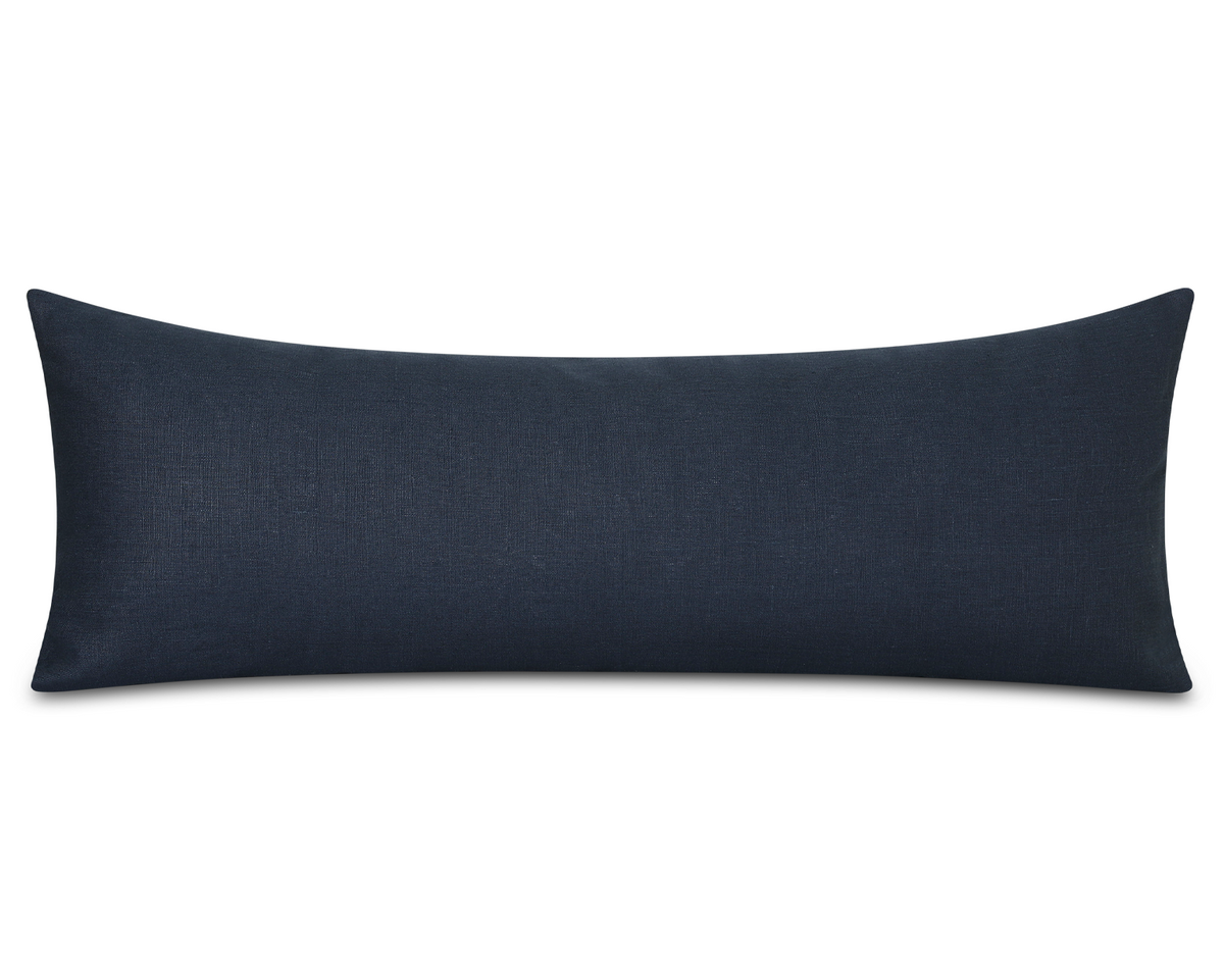 Solid navy linen long lumbar pillow cover, shown on a white background