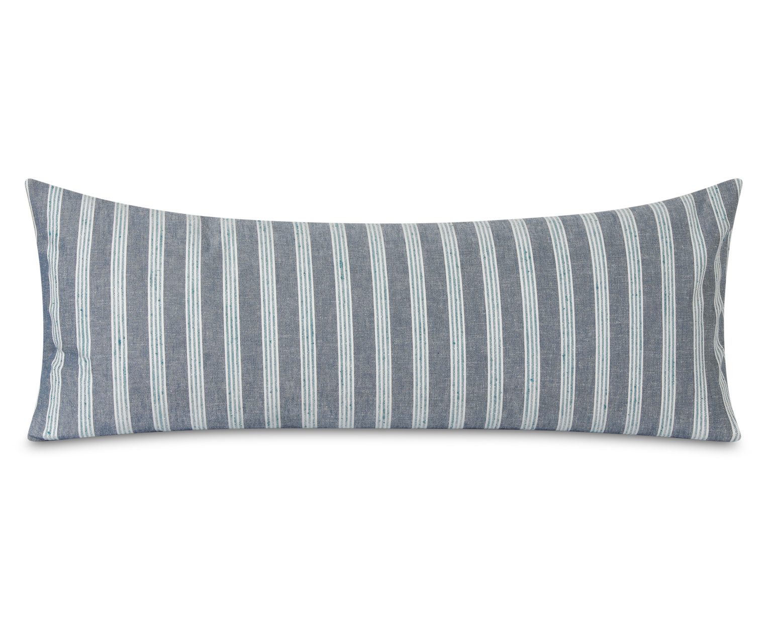 Chambray and teal striped long lumbar pillow cover, front view