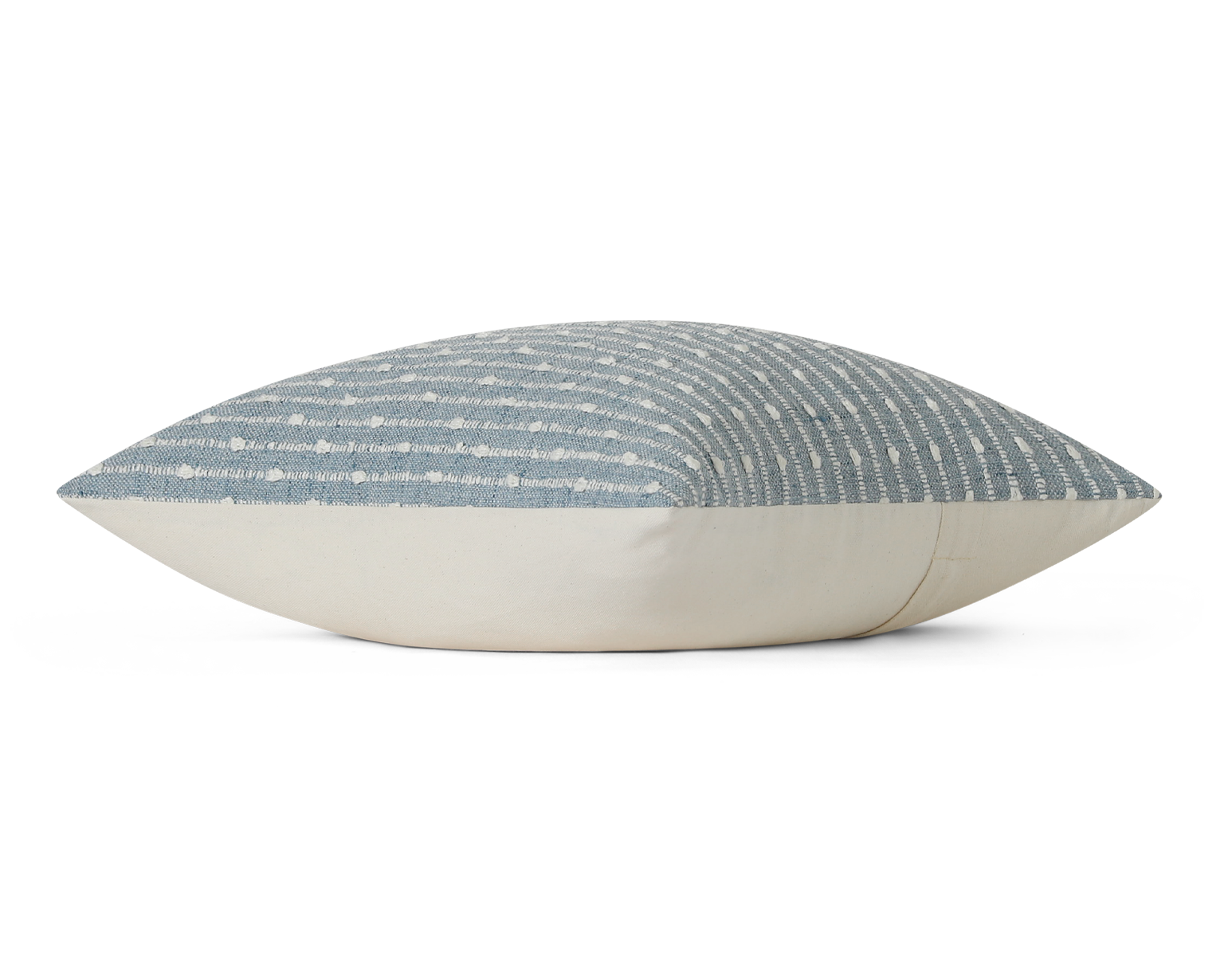 Chambray and ivory striped pillow cover, side profile view