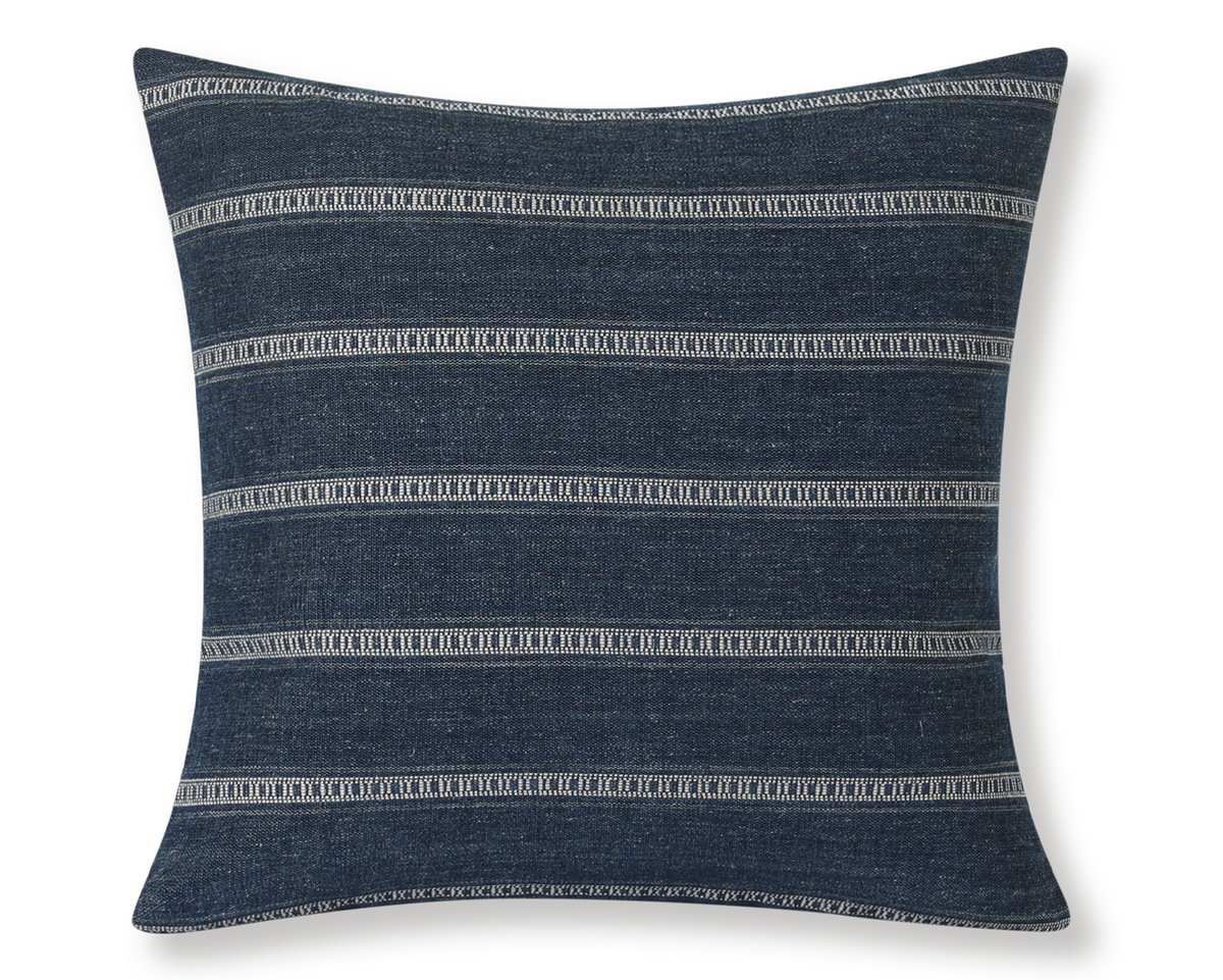 Taos in Indigo square pillow cover, deep indigo blue with ivory ladder stripes