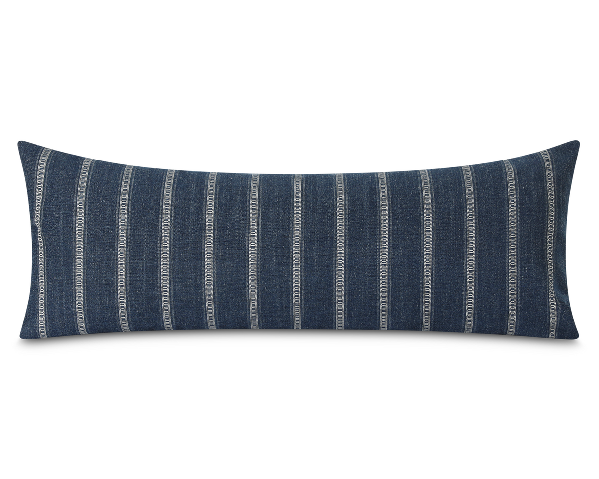 Taos in Indigo long lumbar pillow, deep indigo blue with ivory ladder stripes