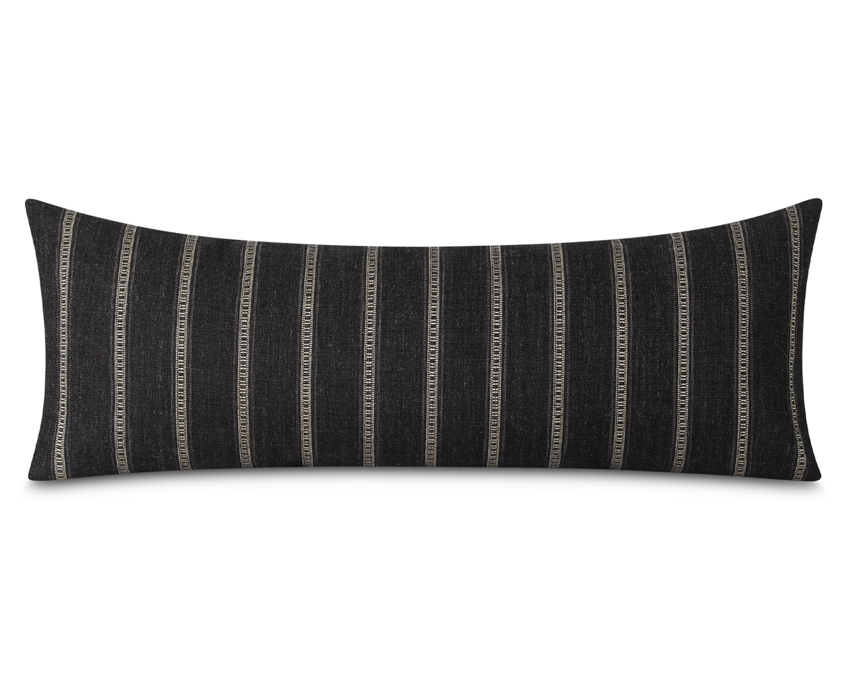 Taos in Onyx long lumbar pillow, charcoal black with khaki ladder stripes and a black cotton back
