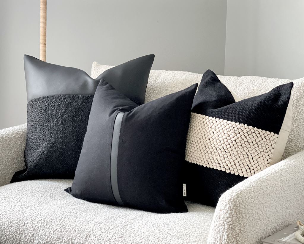 Black Pillow Set with Leather and Texture, Curated Combo