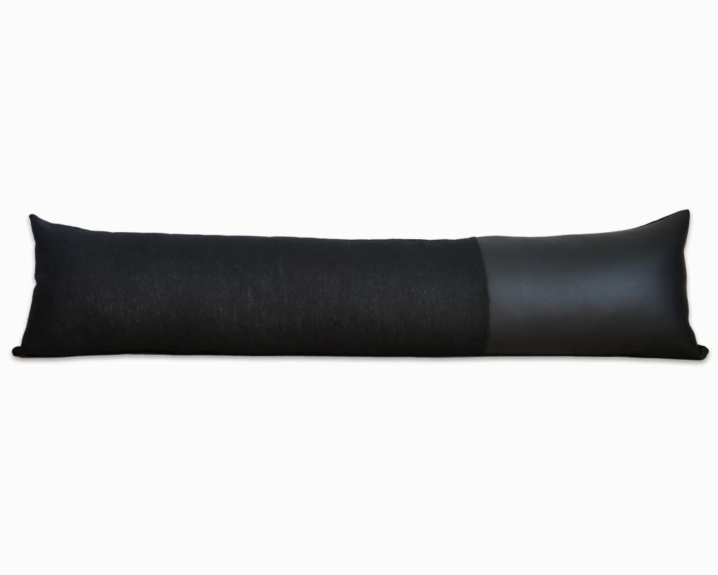 Black Linen + Faux Leather, Long Lumbar Decorative Pillows Stitched By Grace
