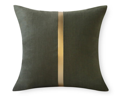 Moss Linen and Faux Leather Pillow Cover