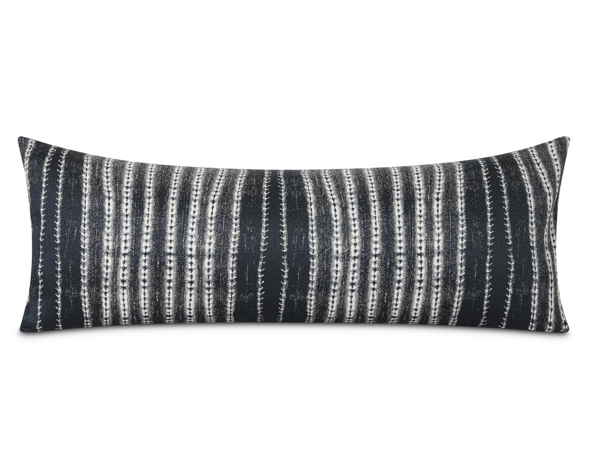 All Blues long lumbar pillow cover with an African indigo-inspired motif, shown on a white background