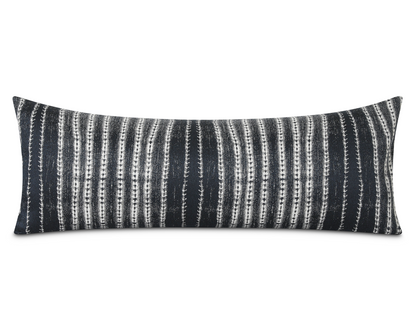 All Blues long lumbar pillow cover with an African indigo-inspired motif, shown on a white background