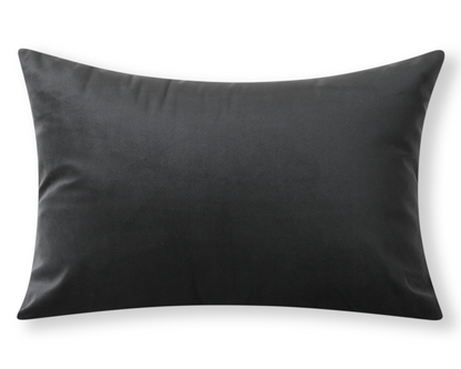 Black velvet lumbar pillow cover, shown on a white background