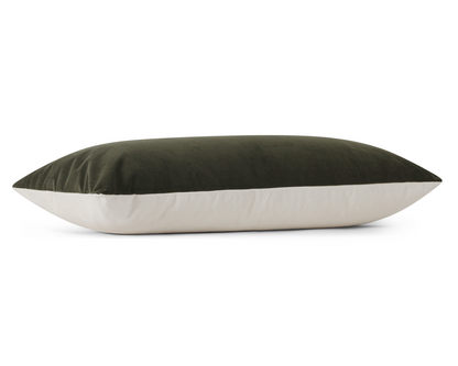 Olive velvet long lumbar pillow cover, flat side profile view, shown on a white background