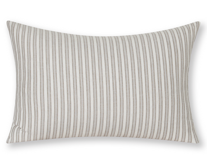 Flax and ivory ticking stripe cotton lumbar pillow cover, shown on a white background