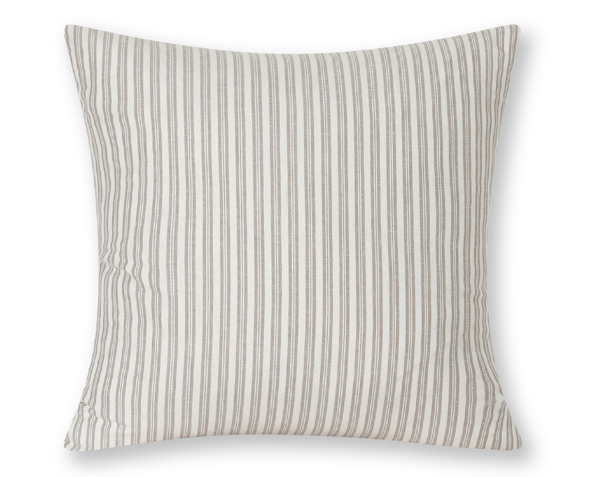 Flax and ivory ticking stripe cotton pillow cover, shown on a white background