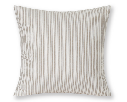 Flax and ivory ticking stripe cotton pillow cover, shown on a white background