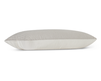 Flax and ivory ticking stripe cotton long lumbar pillow cover, side view showing the cream cotton back