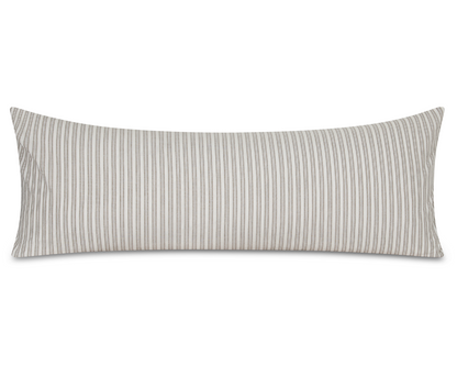 Flax and ivory ticking stripe cotton long lumbar pillow cover, shown on a white background