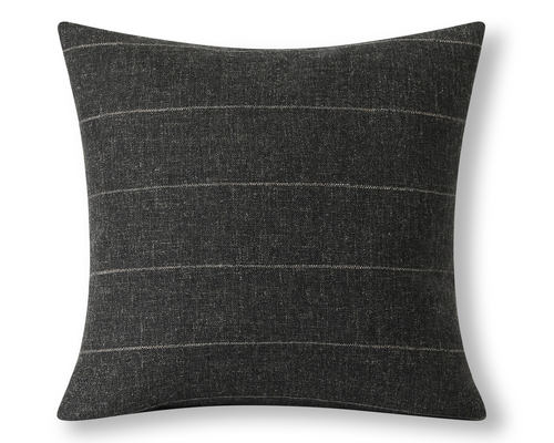 Charcoal woven pillow cover with a beige stripe, shown on a white background