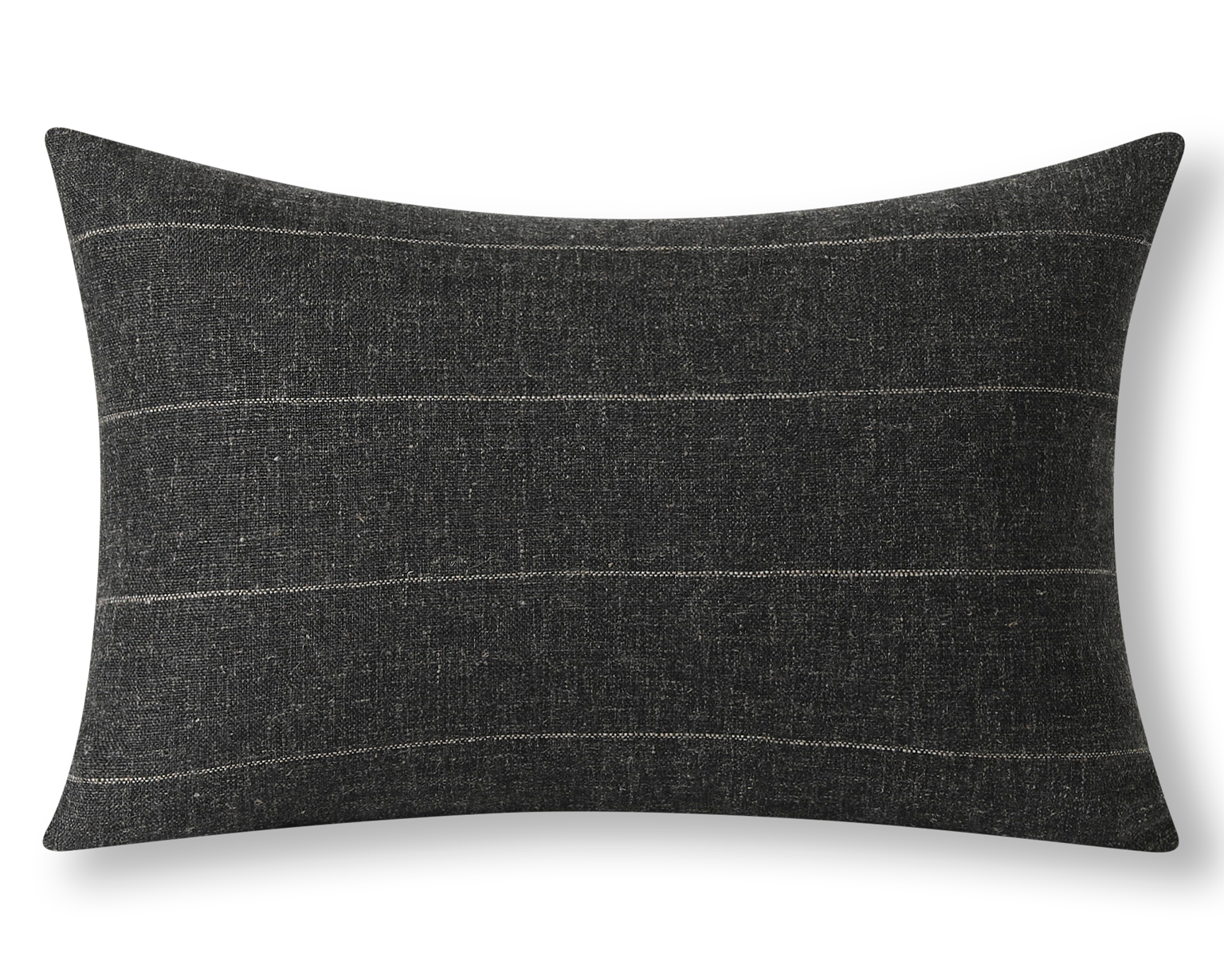 Charcoal woven lumbar pillow cover with a beige stripe, front view
