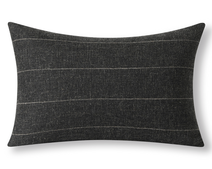 Charcoal woven lumbar pillow cover with a beige stripe, front view