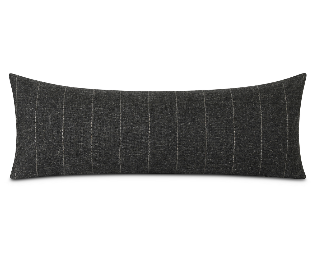 Charcoal long lumbar pillow cover with a beige woven stripe, front view