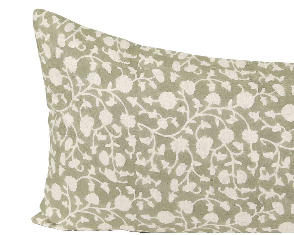 Hanover Sage, Block Printed Floral Large Lumbar Pillow Decorative Pillows Coterie Brooklyn 