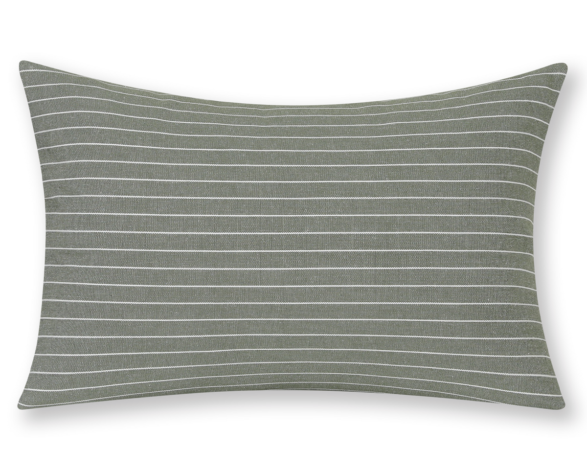 Thyme green pinstripe cotton lumbar pillow cover, shown on a white background