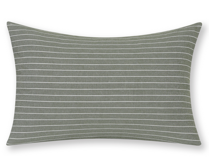 Thyme green pinstripe cotton lumbar pillow cover, shown on a white background