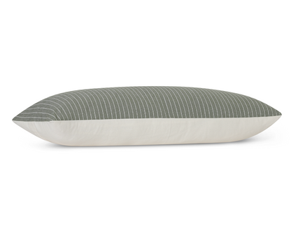 Thyme green pinstripe cotton long lumbar pillow cover, side view showing the cream cotton back