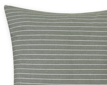 Close-up of the fine white pinstripes on the thyme green cotton pillow cover