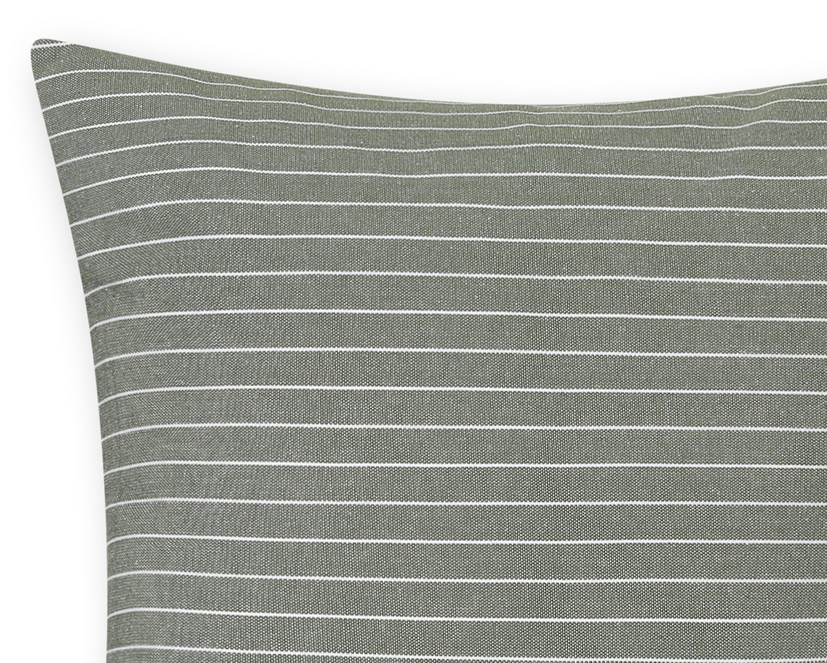 Close-up of the fine white pinstripes on the thyme green cotton long lumbar pillow cover