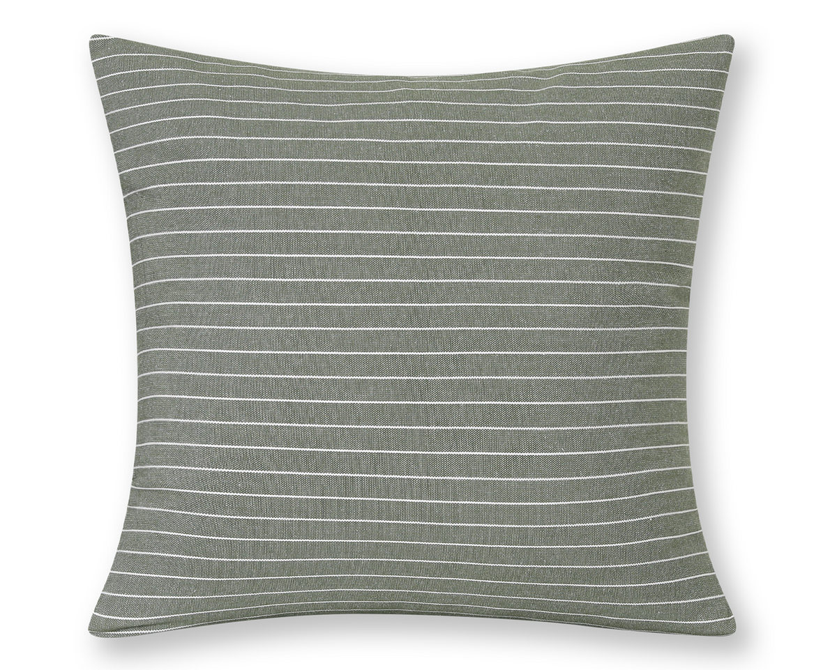 Thyme green pinstripe cotton pillow cover, shown on a white background