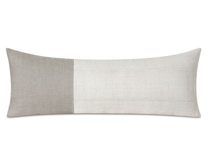 Cream linen and African mudcloth long lumbar pillow cover, shown on a white background