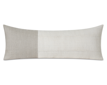 Cream linen and African mudcloth long lumbar pillow cover, shown on a white background