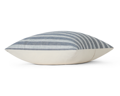 Chambray and teal striped pillow cover, side profile view