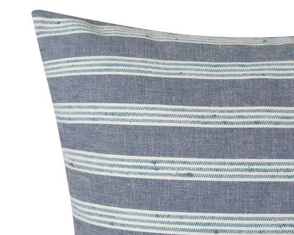 Close-up of the chambray and teal stripe weave, showing the slubby texture