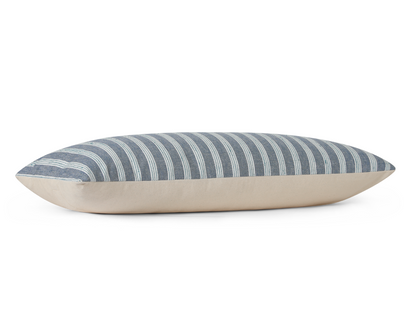 Chambray and teal striped long lumbar pillow cover, side profile view