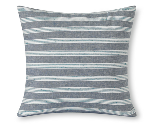 Chambray and teal striped pillow cover, front view