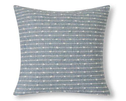 Chambray and ivory striped pillow cover, shown on a white background