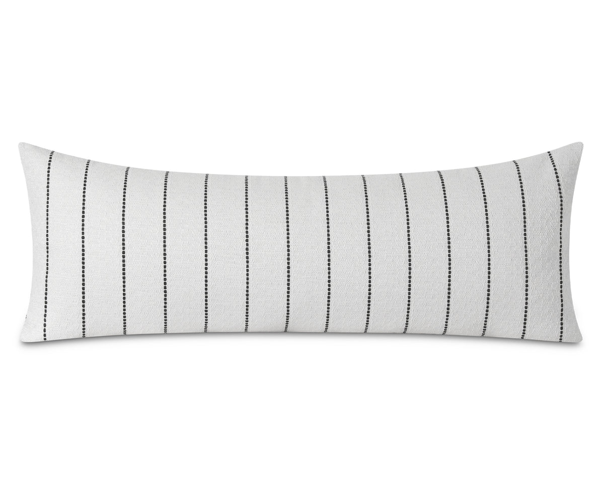 White textured long lumbar pillow cover with a black pinstripe pattern, shown on a white background