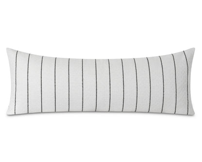White textured long lumbar pillow cover with a black pinstripe pattern, shown on a white background