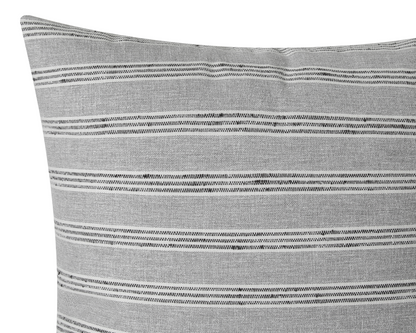 Close-up of the slate and charcoal stripe weave, showing the slubby texture