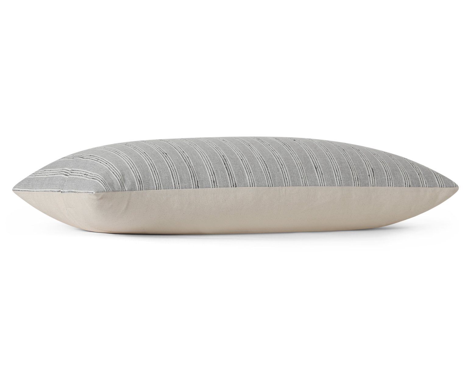 Slate and charcoal striped long lumbar pillow cover, side profile view