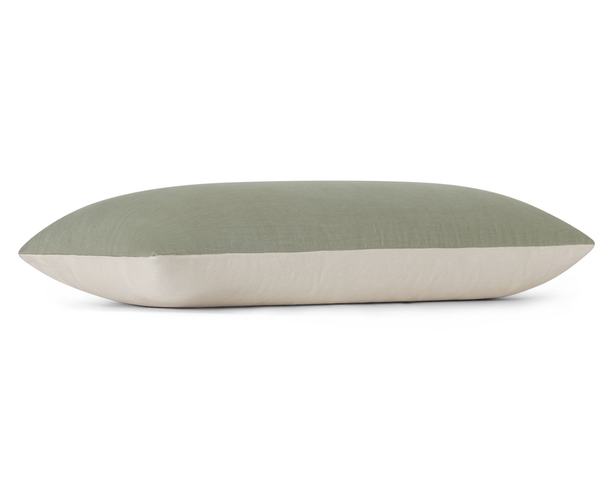 Sage green linen long lumbar pillow cover, flat side profile view