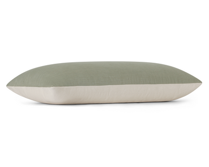 Sage green linen long lumbar pillow cover, flat side profile view